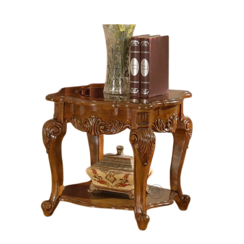 שולחן מרובע עם מגירה | גילוף אומנותי בעץ מלא