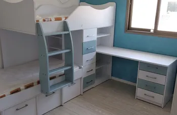 מיטת קומותיים ל-4 ילדים | כולל שולחן כתיבה וכוננית