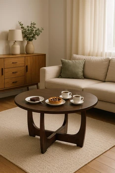 שולחן סלון עגול מעץ מנגו מלא בגוון כהה. WWW.G-H.CO.IL