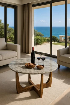 שולחן סלון עגול | שיש טבעי ועץ מנגו כהה WWW.G-H.CO.IL