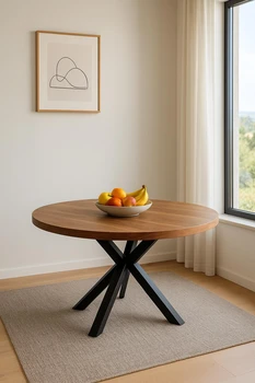 שולחן אוכל עגול עץ מנגו | דגם בוצ'ר רגל ברזל. גרין האוס רהיטים WWW.G-H.CO.IL