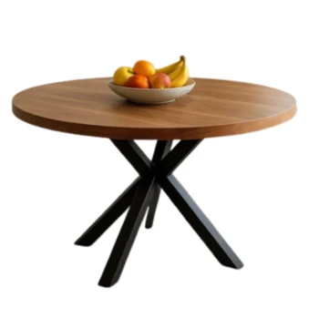 שולחן אוכל עגול עץ מנגו | דגם בוצ'ר רגל ברזל