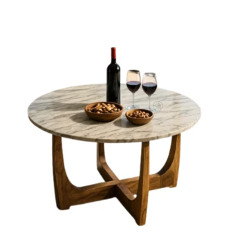 שולחן סלון עגול | שיש טבעי ועץ מנגו כהה