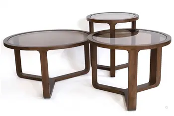 שלישיית שולחנות עץ אגוז | זכוכית מעושנת